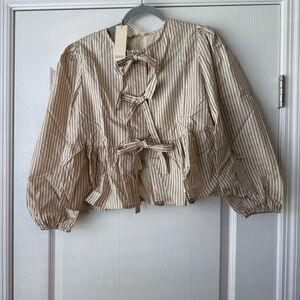 NEW Women's Roolee Striped Tie Back Blouse Size S Cream Brown